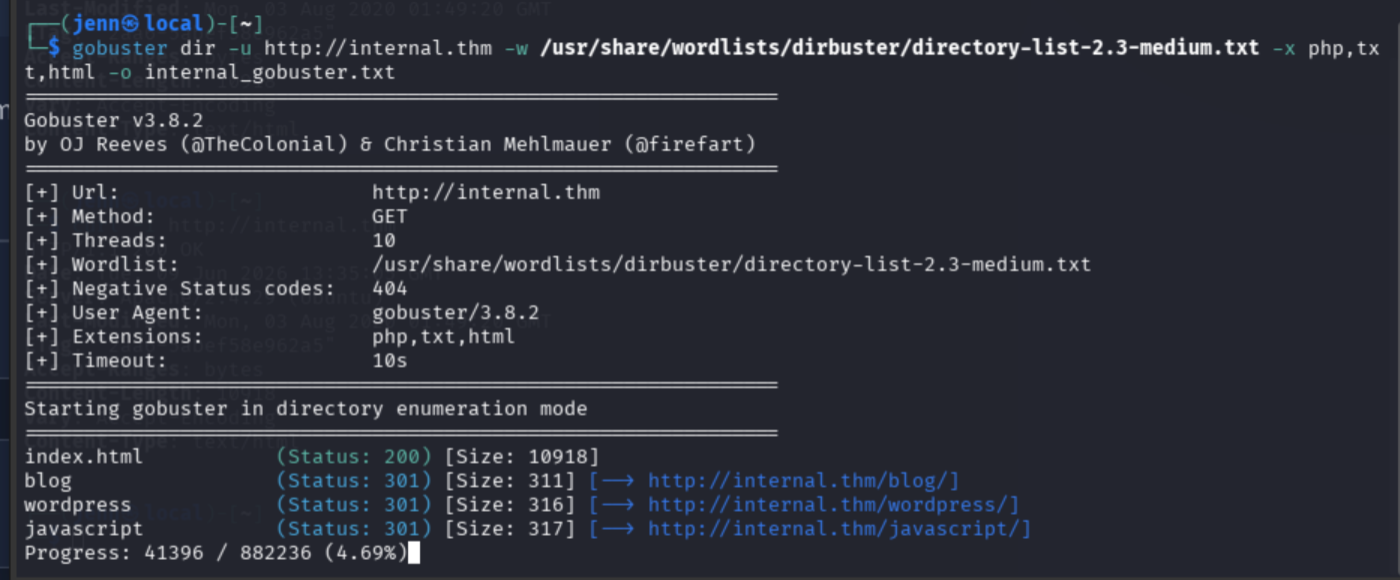 gobuster partial results showing /blog and /wordpress as discovered paths